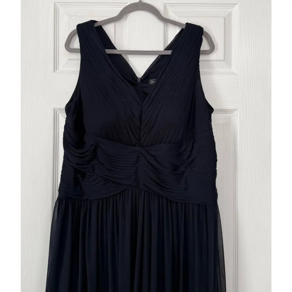 Jessica Howard Women's Navy Chiffon V-Neck Mini Pleat Dress Size 18W - Picture 2 of 11